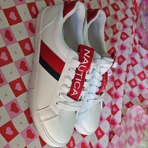 Nautica White Sneakers with Red and Navy Stripes